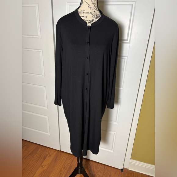 Eileen Fisher Black Mandarin Collar Viscose Knit Sweater Dress Cardigan Duster L - Picture 2 of 6